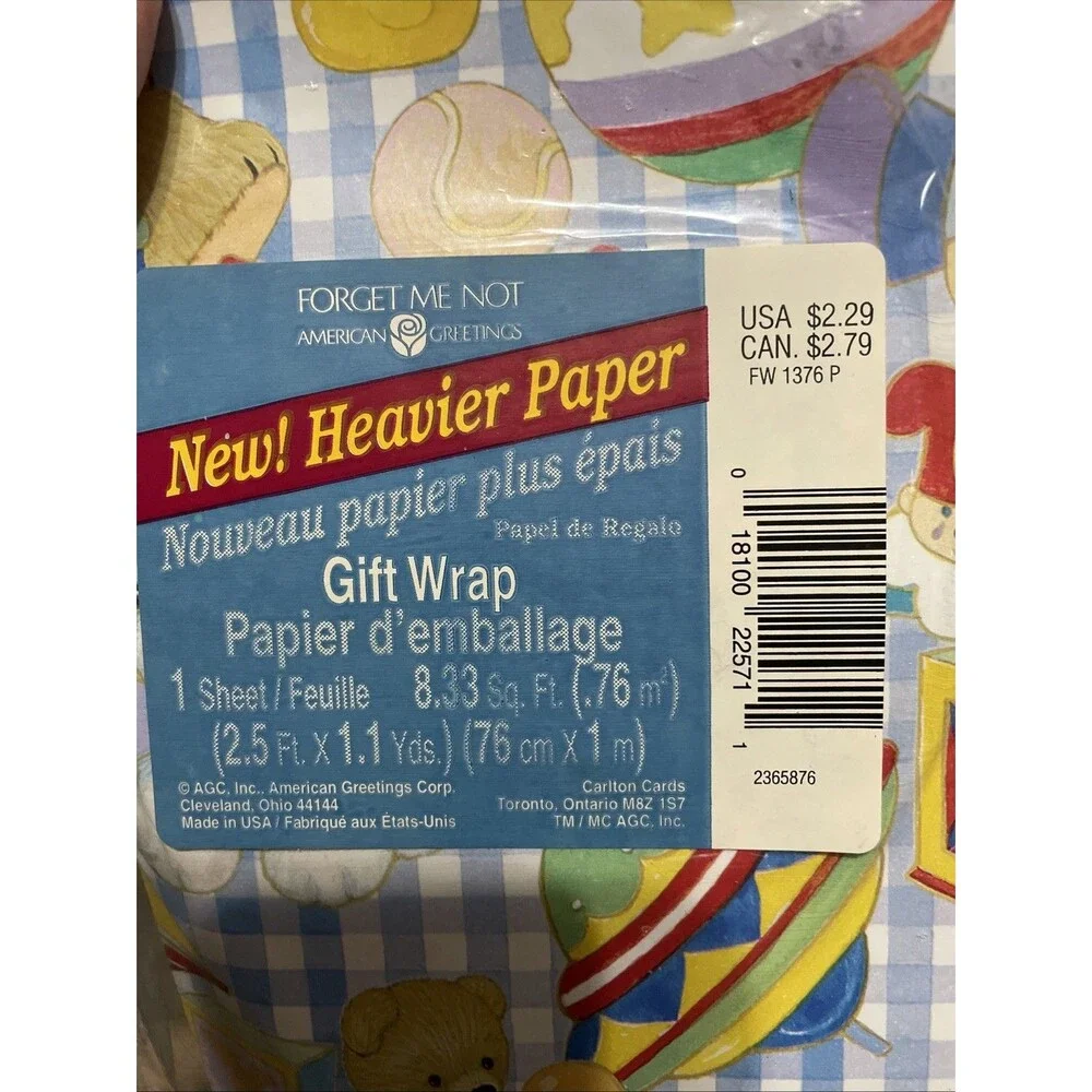 Vtg Baby Gift Wrap Paper Bears, Toys & Clowns Sealed Pkg 1 Sheet
